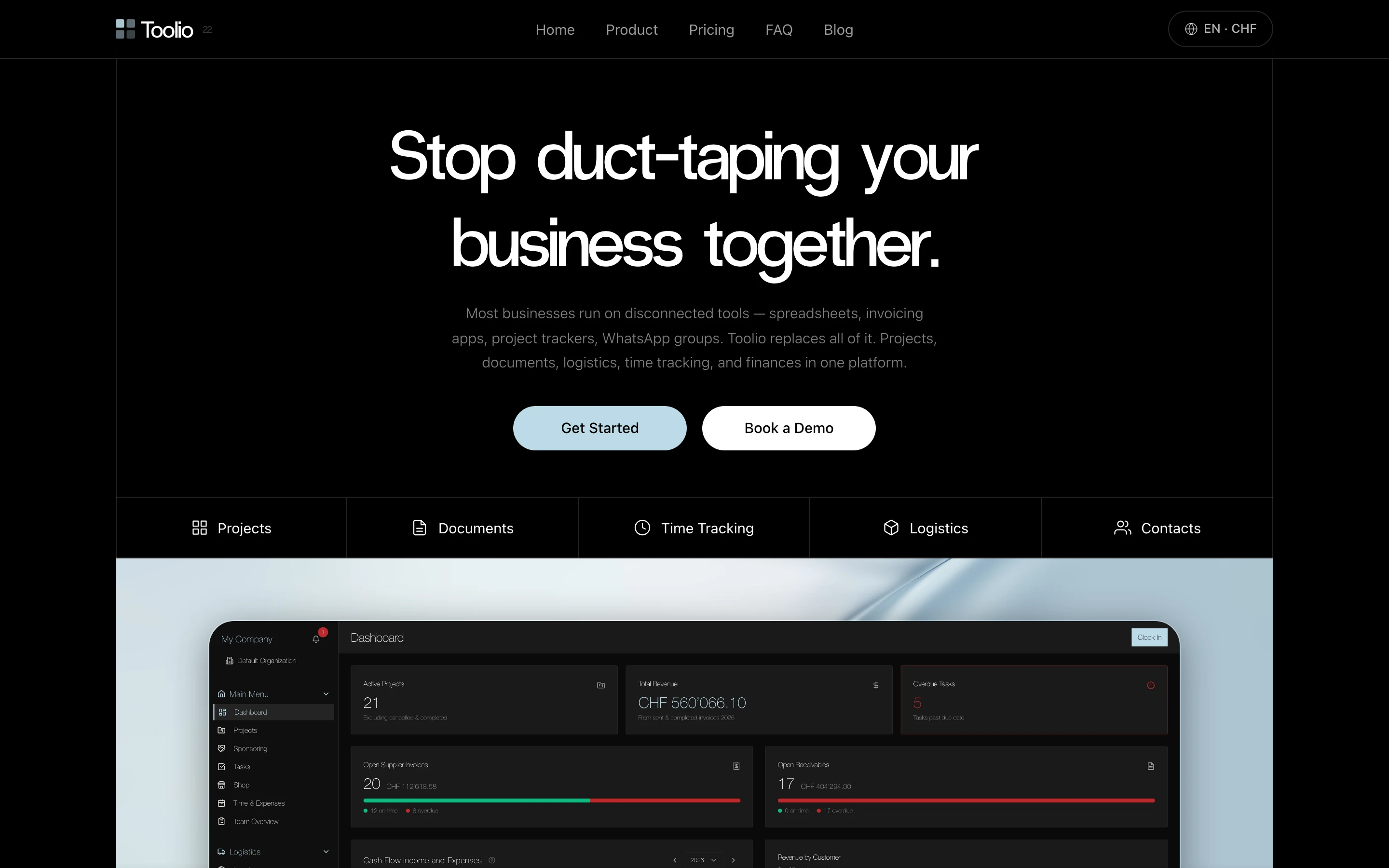 Toolio landing page hero section with headline and dashboard preview
