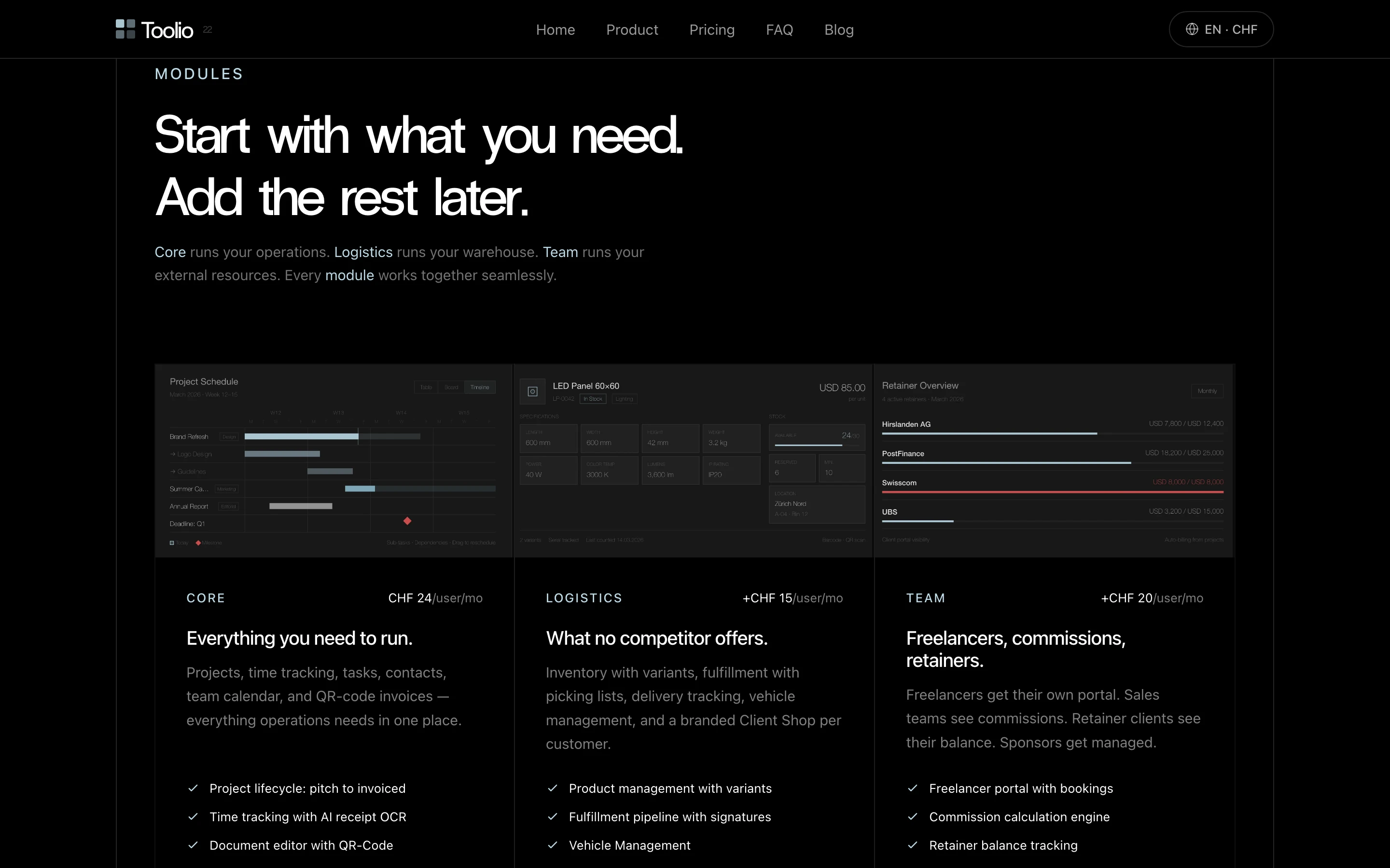Toolio modules section showing Core, Logistics, and Team packages